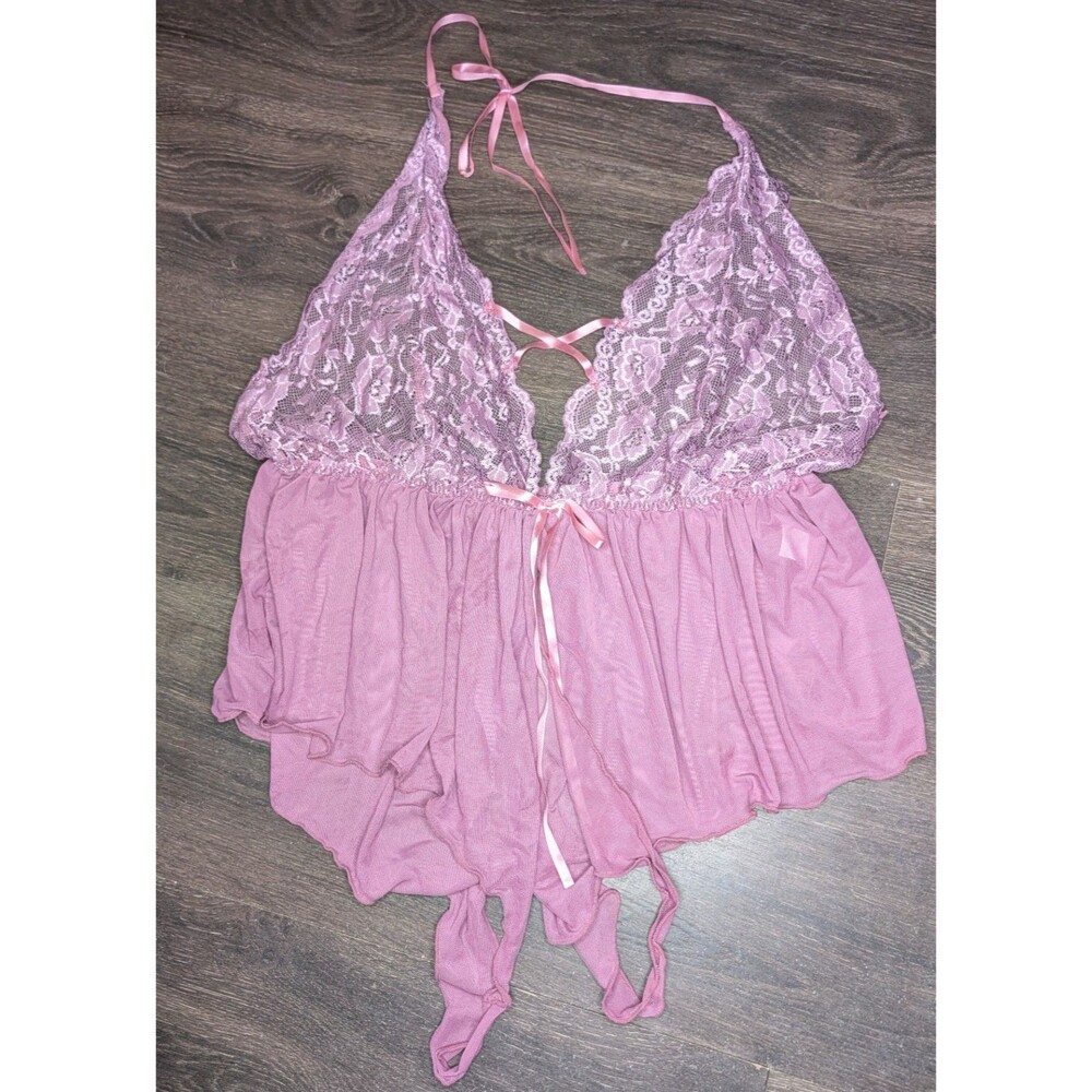 Women’s Purple Pink Lace Teddy Bodysuit One Piece Lingerie Halter Sheer (474)